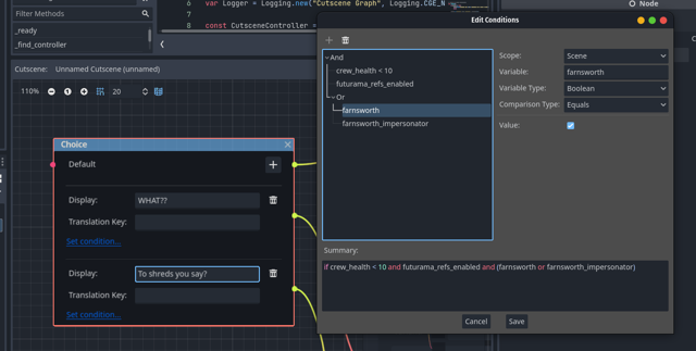 A screenshot of the condition definition dialog alongside the node that it was invoked from