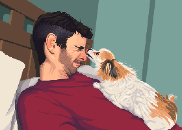 Big Lick A pixel art painting of a reclining man being licked on the nose by a small dog.