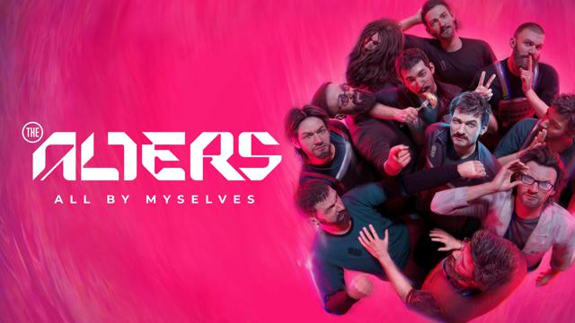 It's really good. Marketing image for the game "The Alters", showing the main character and his clones in a huddle on the right, with the name of the game on the left.