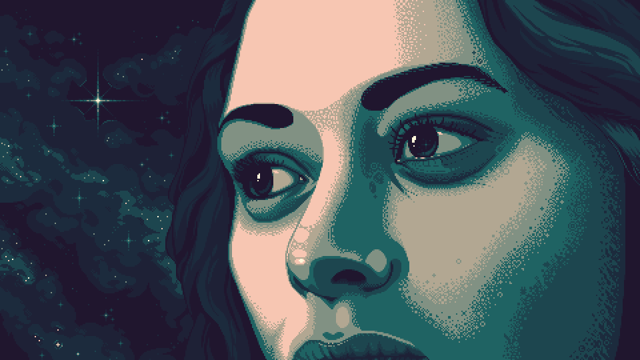 Coming Down A pixel art painting of a woman's face, close up, in green hues. There are stars in the background to her right and a hint of some in her eye.