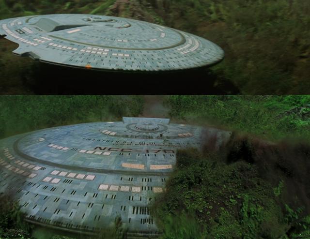 Two shots of the Enterprise D saucer section crashing