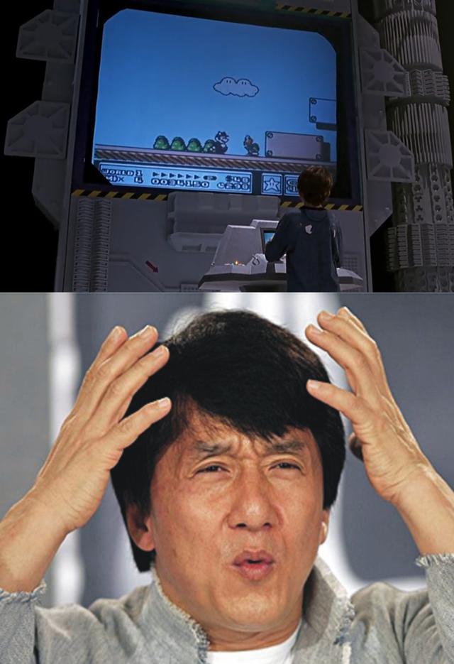 Screenshot from The Wizard where the main character is waiting to jump on a koopa in SMB3 instead of just spin attacking them, and also a Jackie Chan WTF meme