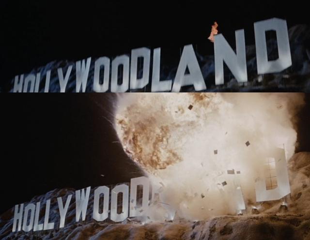 Screenshot of the Hollywoodland sign becoming the Hollywood sign when a Nazi drops on the "land" part and explodes
