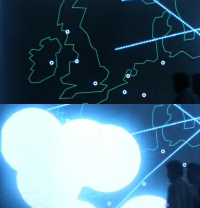 Two screenshots of the big WOPR screen showing Ireland getting nuked