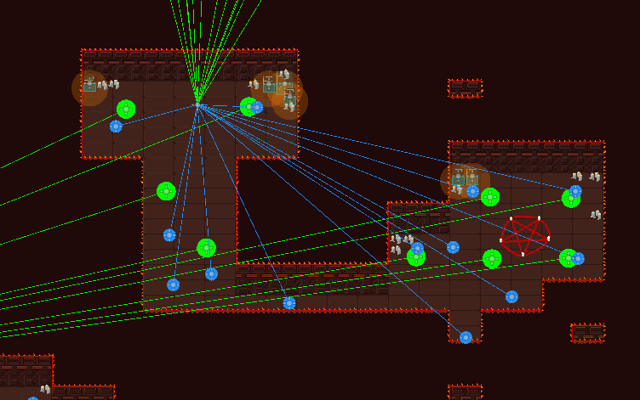 Screenshot of Godot editor showing lines from spawn points to associated entities
