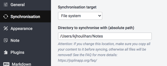 Joplin sync settings