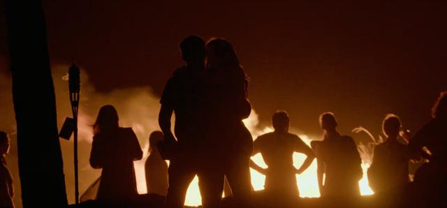 Screenshot of a couple embracing in front of a bonfire, into which anarcho-capitalists are throwing books produced by a government