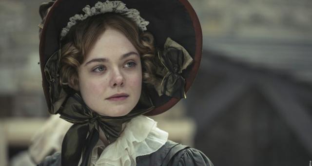 Screenshot from Mary Shelley, of Mary (played by Elle Fanning) in a bonnet